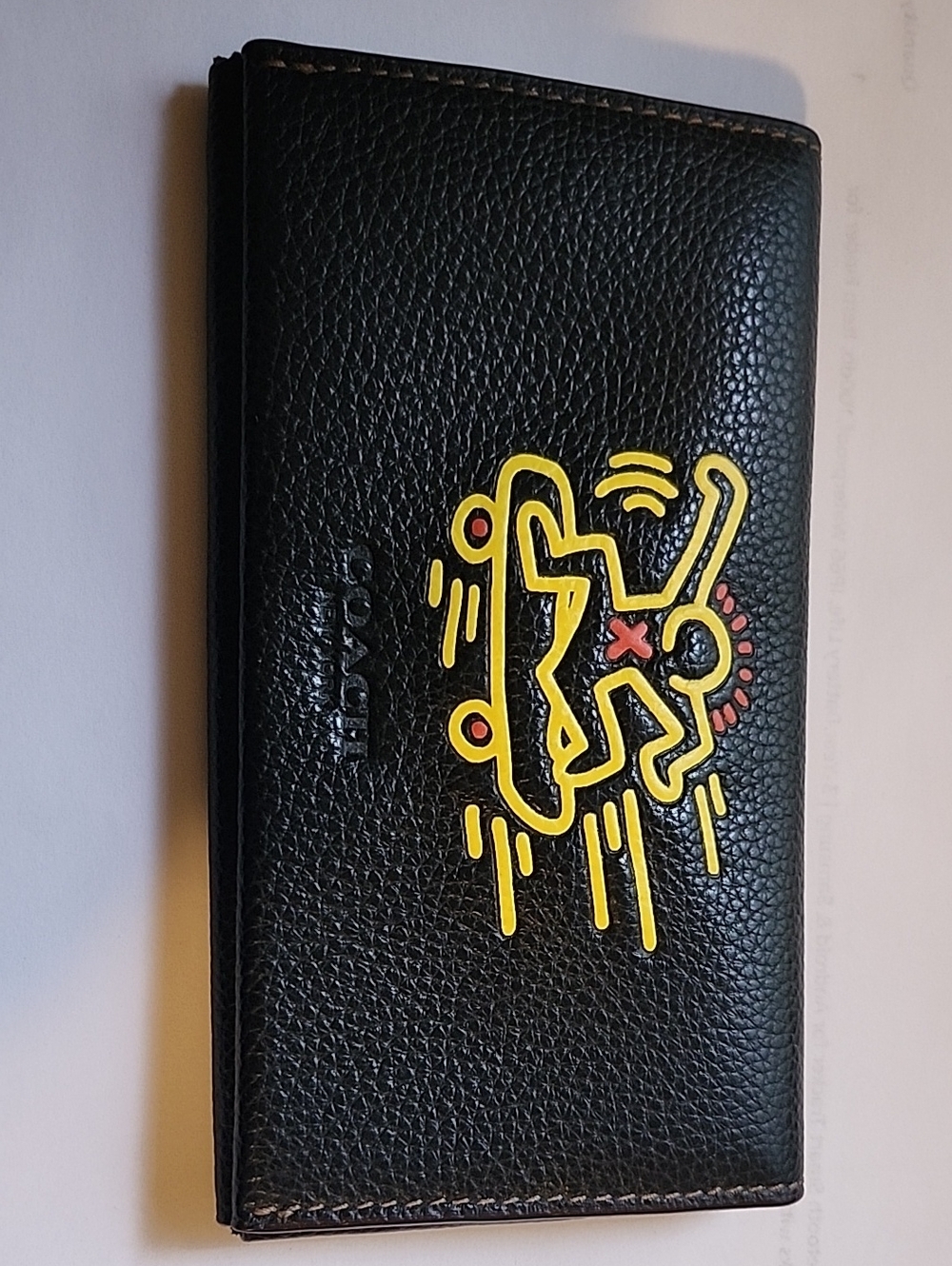COACH x Keith Haring Black Pebbled Leather Folding Wallet Skateboard Graphic